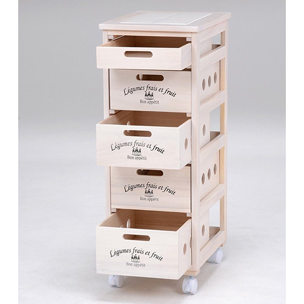 Hagiwara Kitchen Stocker Kitchen Rack Vegetable Stocker with Casters 5 Drawers [Ready to Use Complete Product] Simple Wooden Natural Wood White MUD-6905WS