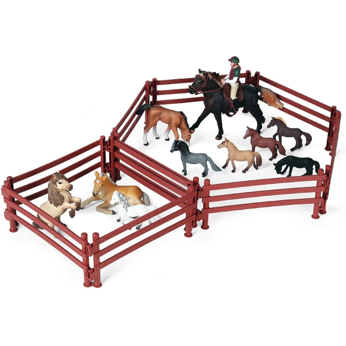RCOMG 24pcs Horse Toy Playset Foal Mars Rider Corral Fence Plastic Barn Farm Animals Horse Figures Boys Horse Club Set Cake Topper Party Decorations