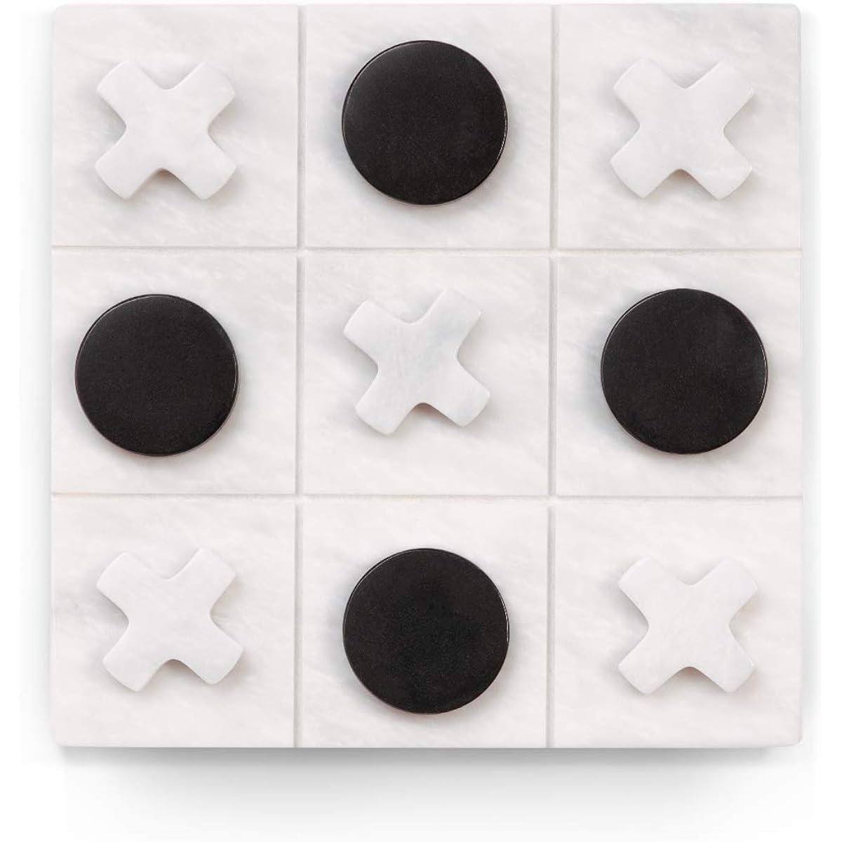 Designer Handcrafted Real Marble Tic Tac Toe Game Set with White Marble Playing Board and Jet Black and White Marble Playing Pieces - Perfect Coffee Table Decor, Family Game