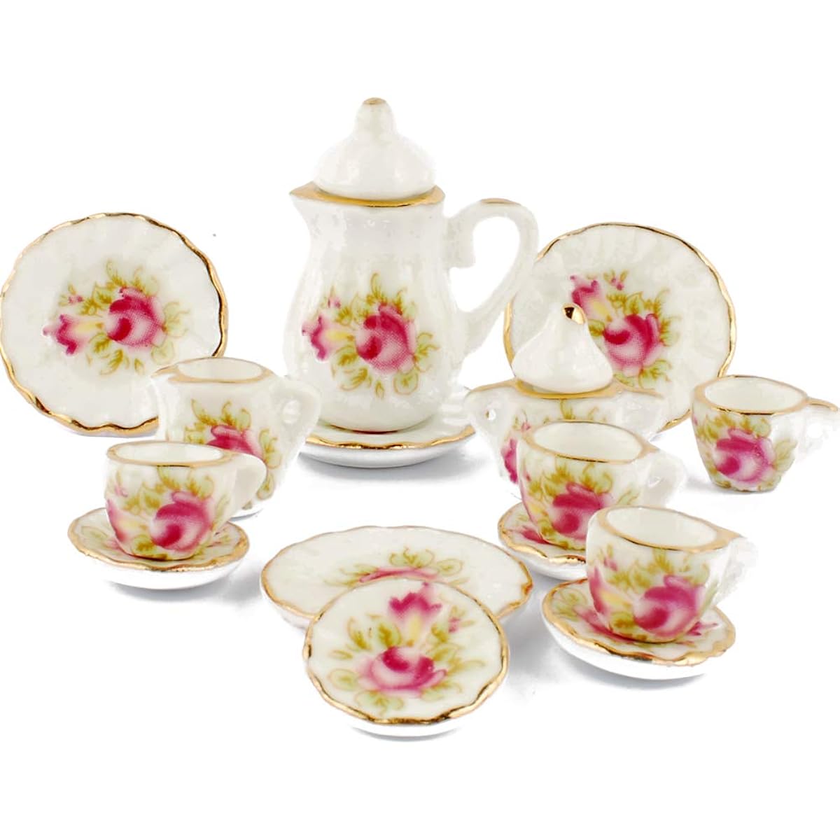 NW 1 Set 15 pieces Pink Flower Ceramics Tea Cup Set Lovely Dollhouse Decoration Set Dollhouse Kitchen Accessories