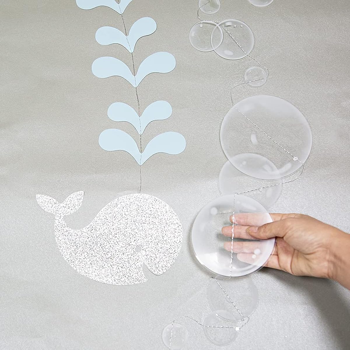 Glitter White Blue Whale Garland Under the Sea Little Mermaid Summer Beach Ocean Party Decorations Poolside Hanging Streamers Decor Bubbles Kids Birthday Backdrop Birthday Baby Shower Party Supplies