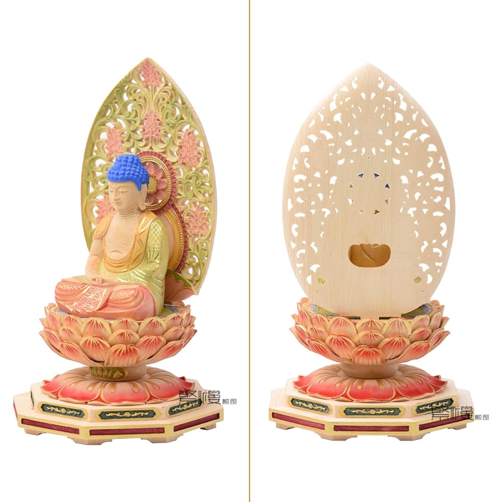 Hanro Art Sculpture Buddha Statue Amitabha Tathagata Tendai Sect 2.0 size Cypress Wood Carving Octagonal Pedestal Arabesque Halo Born in the year of the Dog/Pig Ward off misfortune Zodiac Guardian Principal Image Tendai Sect Principal Image (Height 18.5c
