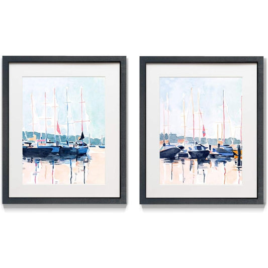 Renditions Gallery Watercolor Boat Club 2 Piece Framed Artwork Set, Blue, Pink, Orange, Yachts, Sailing & Boats, Black Matte Frame, White Mat, Plexiglass, 16" W x 20" H, Made in the USA