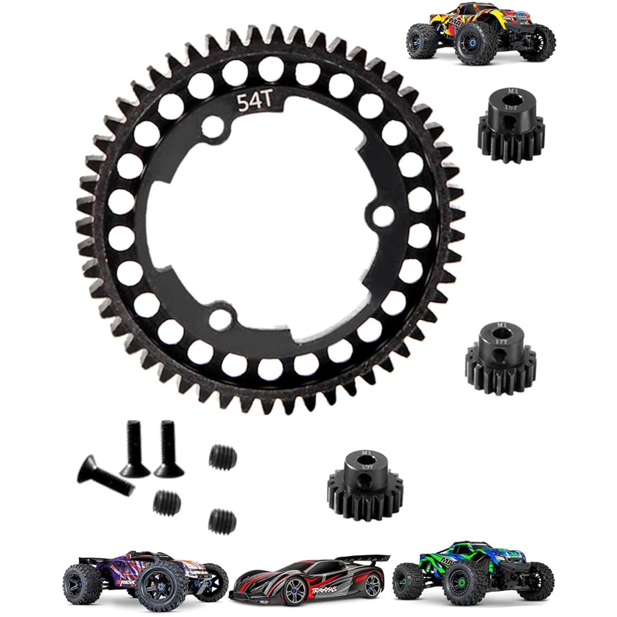 hopsupRC Metal Spur Gear 54T Transmission Gear (15T+17T+19T) Pinion Gear Set Upgrade Parts for 1/10 E-Revo2.0, 1/5 X-Maxx, 1/7 XO-1, 45# Steel Spur Gear Hop-up, #6449 Black