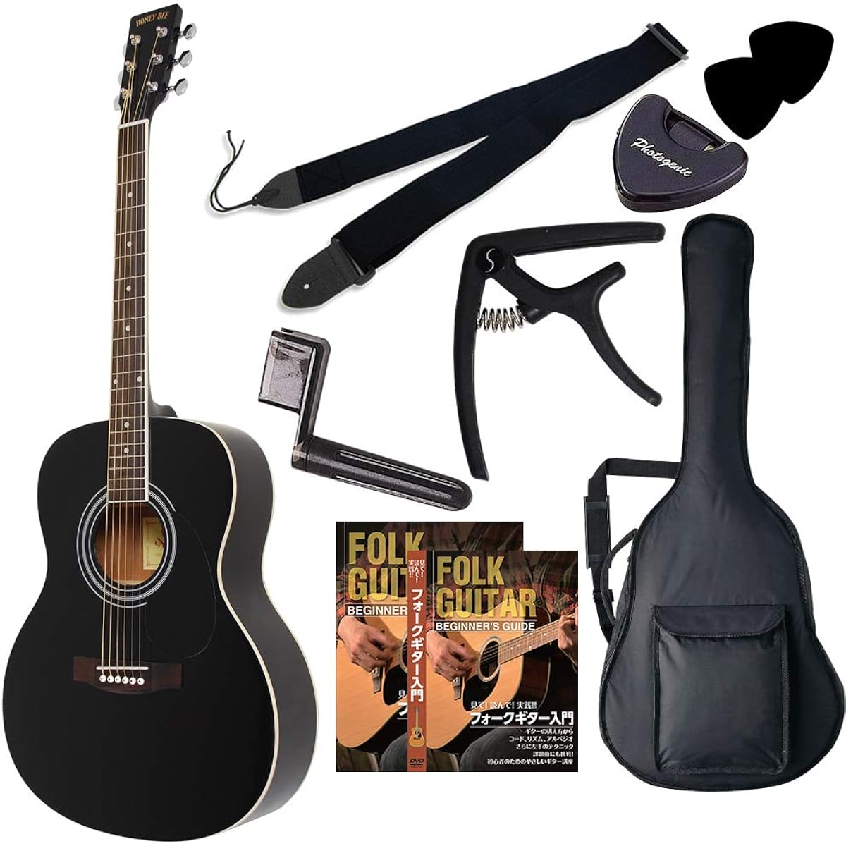 HONEY BEE Acoustic Guitar Folk Guitar Type F-15/BK Beginner 8-piece Set