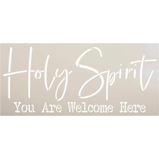 StudioR12 Holy Spirit Welcome Here Stencil | DIY Rustic Christian Faith Home Decor | Script Word Art | Craft & Paint Farmhouse Wooden Sign | Reusable Mylar Template | Select Size (12 x 5.5 inches)