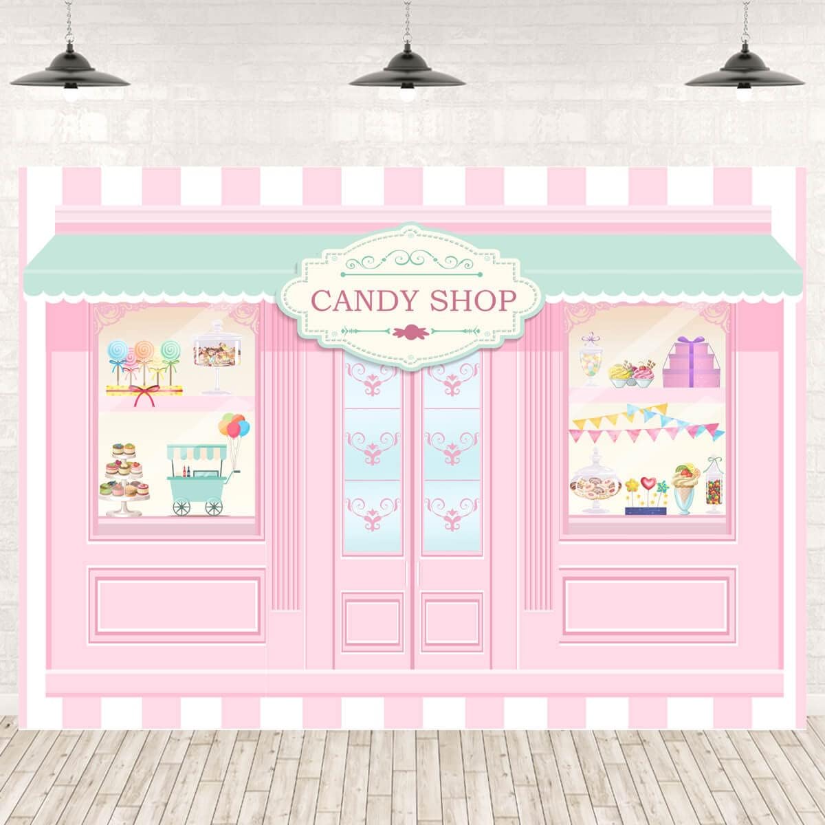 Candy Shop Backdrop for Girls Pink Candy Land Sweet Lollipop Shop Birthday Party Photo Background Decorations Balloons Table Dessert Banner 7x5ft