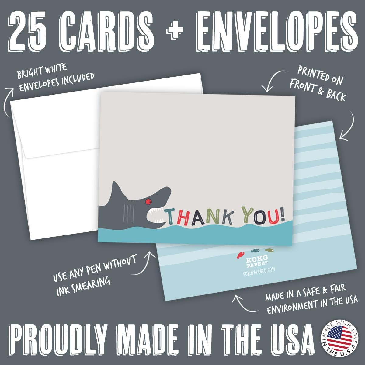 Koko Paper Co Shark Thank You Cards | 25 Flat Note Cards | Printed on Heavyweight Cardstock