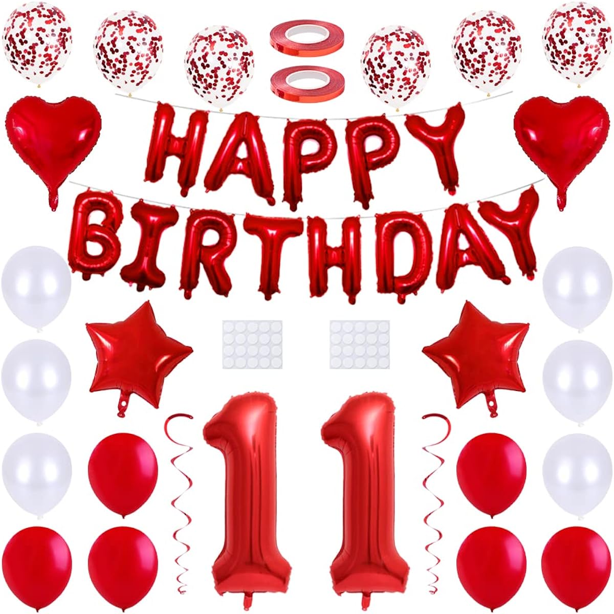 Meijendu 11. Birthday Balloons Set Happy Birthday Banner Heart Star Foil Mylar Balloons Latex Balloons Number 11 Balloon Set with Swirl Decorations for 11th Birthday Party Event, RedCreabygirlsKeywords