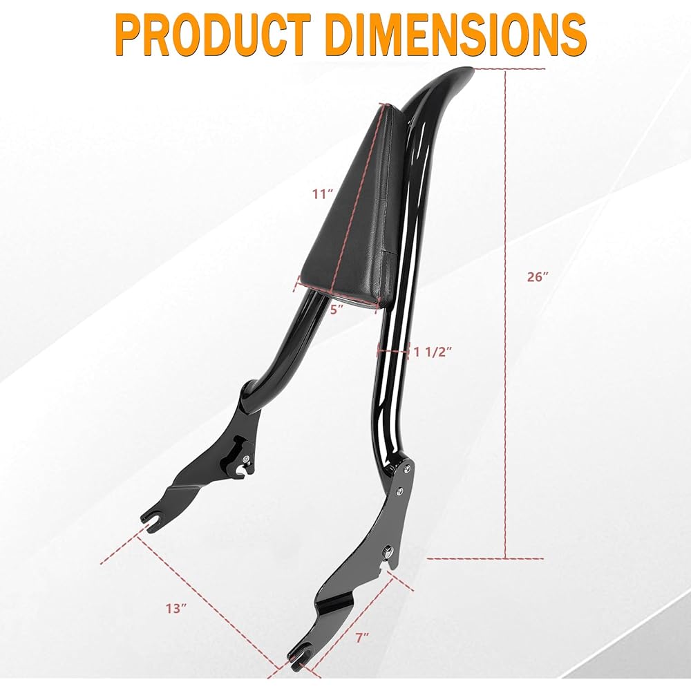 26" Tall Black Sissy Bar Removable Passenger Backrest Rear Pad for Harley-Davidson Touring Models 2009-2023 Street Glide Road Glide Electra Glide Road King