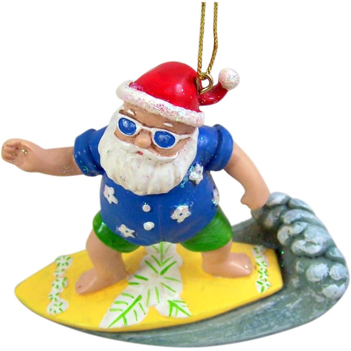 Wowser Cast Resin Painted Surfing Santa Claus Hanging Christmas Tree Ornament 3 1/2 Inch
