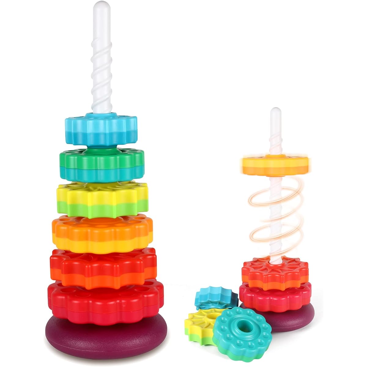 JUXUE Spinning Toy, Rainbow Stacking Toys for Toddlers 1-3, Ring Stacker Baby Toys 6 to 12 Months, 1 One Year Old Girl Boy Christmas Birthday Gifts, Montessori Educational Learning Autism Sensory Toy
