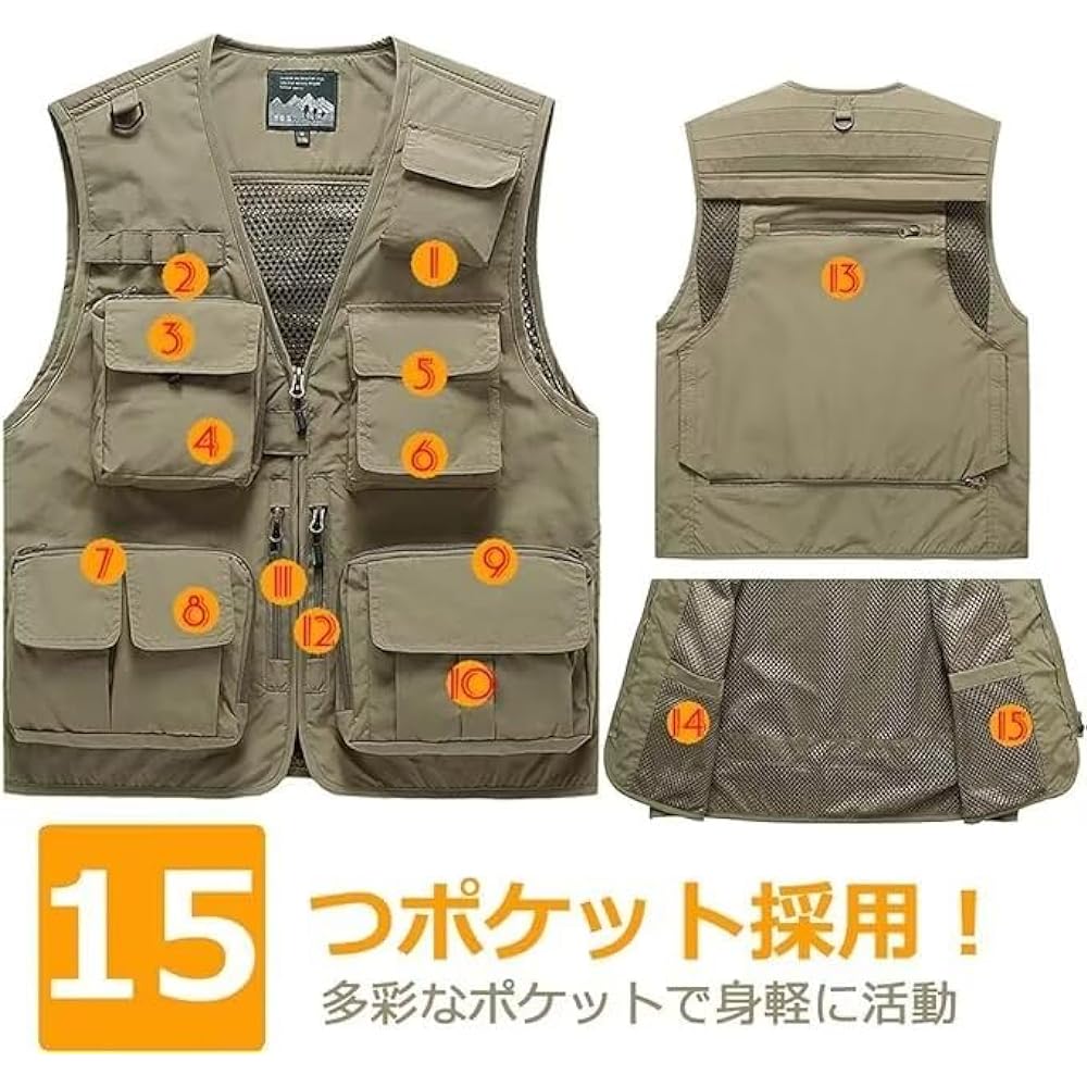 [inotenka] M-7XL Men's Vest, Work Vest, Fishing Vest, Spring/Summer Outdoor Vest, Nylon Work Vest, 15 Pockets, Multifunctional, For Fishing, Photographers, Mountain Climbing, Photography, Large Size, Breathable, Quick Drying, Mesh Vest, Autumn/Winter