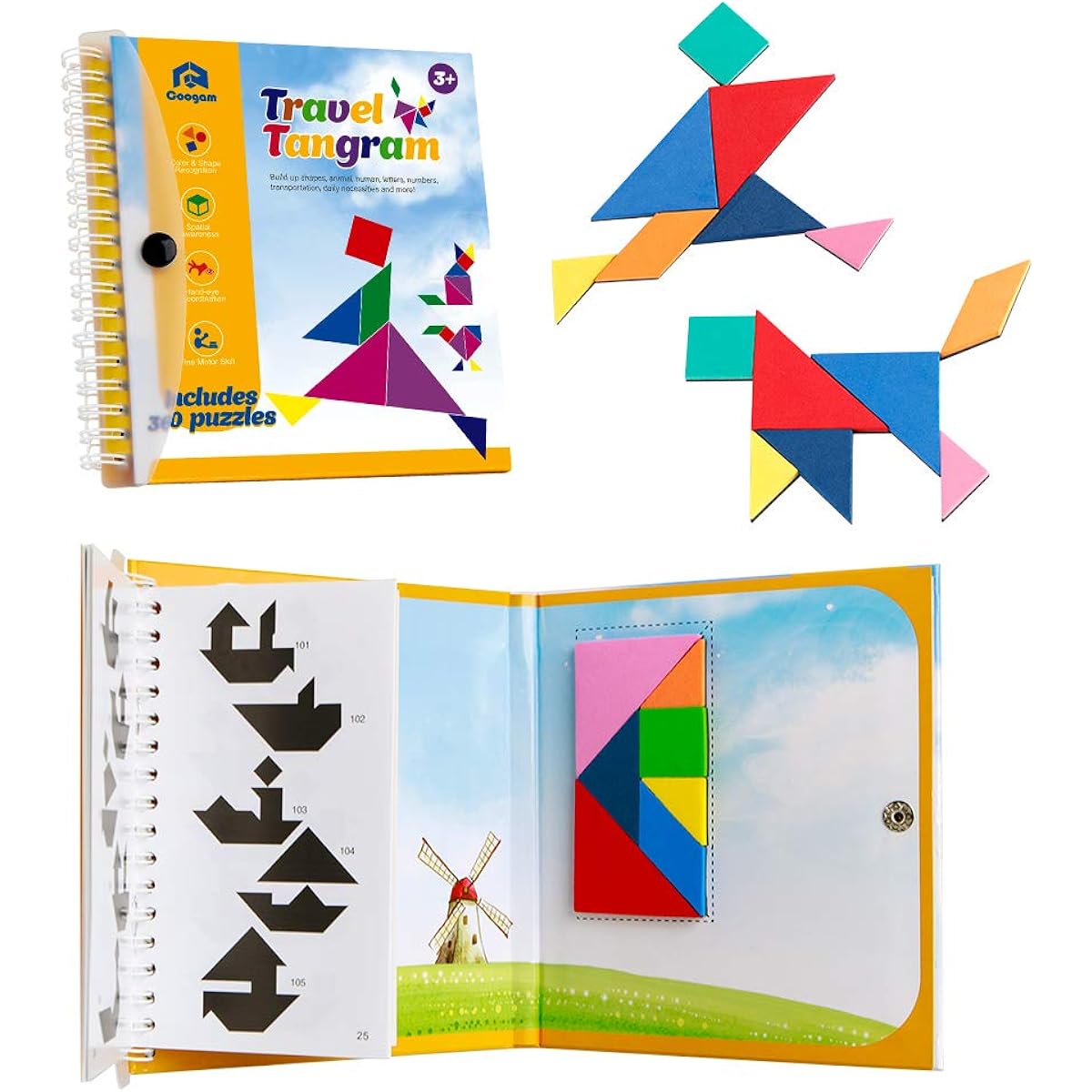 Coogam Travel Tangram Puzzle - Magnetic Pattern Blocks Book Road Trip Game Jigsaw Shapes Anatomy STEM Game with Solution for Kids and Adults Challenge - IQ Educational Toy Gift Brain Teaser 360 Patterns