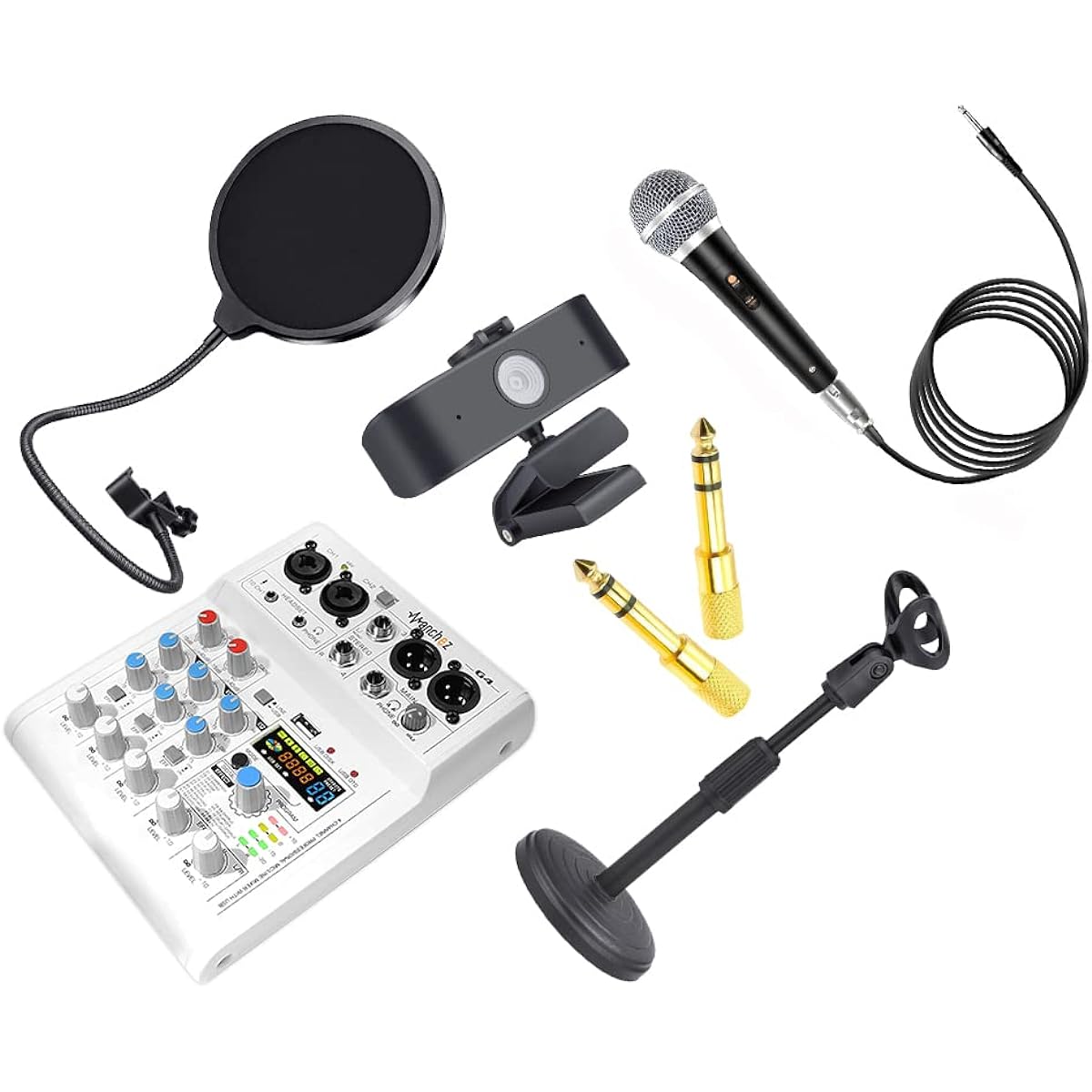 PARTISAN 6-piece set for beginners, distribution set, audio interface, web camera, microphone, microphone stand, pop guard, pop screen, conversion plug, and setup manual included