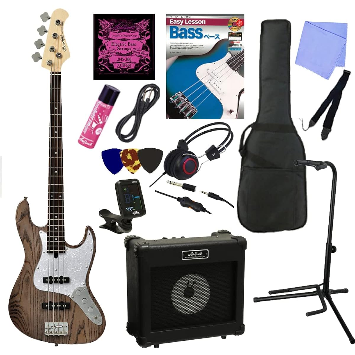 A higher-grade introductory bass set | Ash body Bacchus bass | Bacchus/WJB-500R ASH Bacchus/Jazz bass | 13-piece set for beginners (CHG-SM/Charcoal gray)