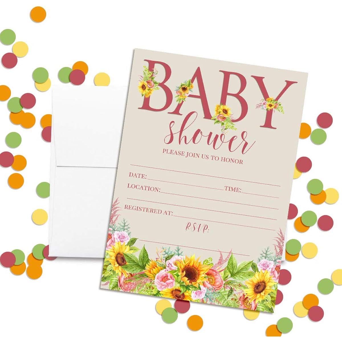 AmandaCreation Watercolor Sunflower and Peony Flower Baby Shower Invitation 5"x7" Card Includes 20 White Envelopes