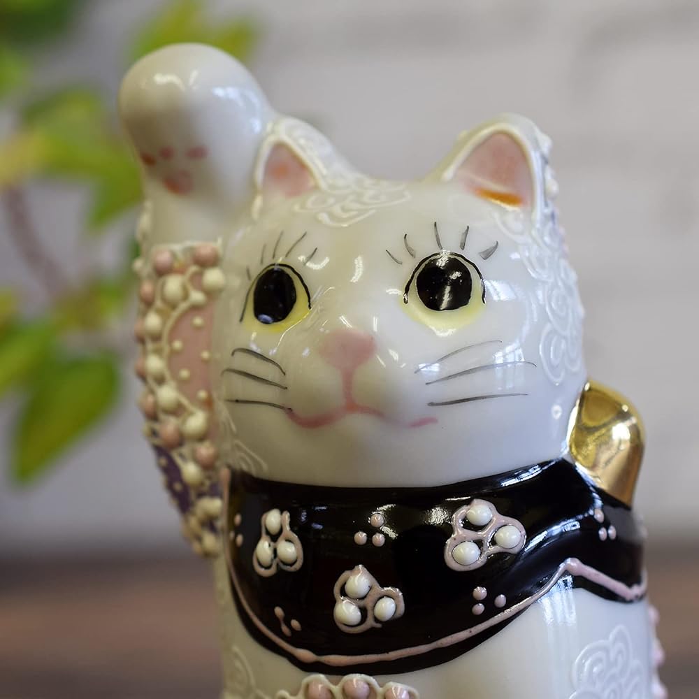Lucky Cat Ornament Pottery Kutani Ware Right Hand Lucky Cat Flower Purple Feng Shui Good Luck Interior Japanese Style Accessories