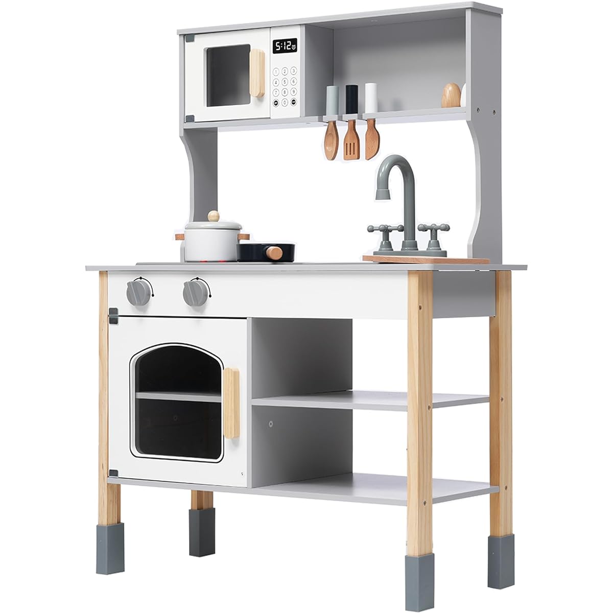 Pretend kitchen, wooden, with cooking utensils, seasonings, ingredients, cooking sounds, and storage, assembly required, for children, birthdays, kindergarten entrance gifts, educational toys, presents, mini kitchen (white)