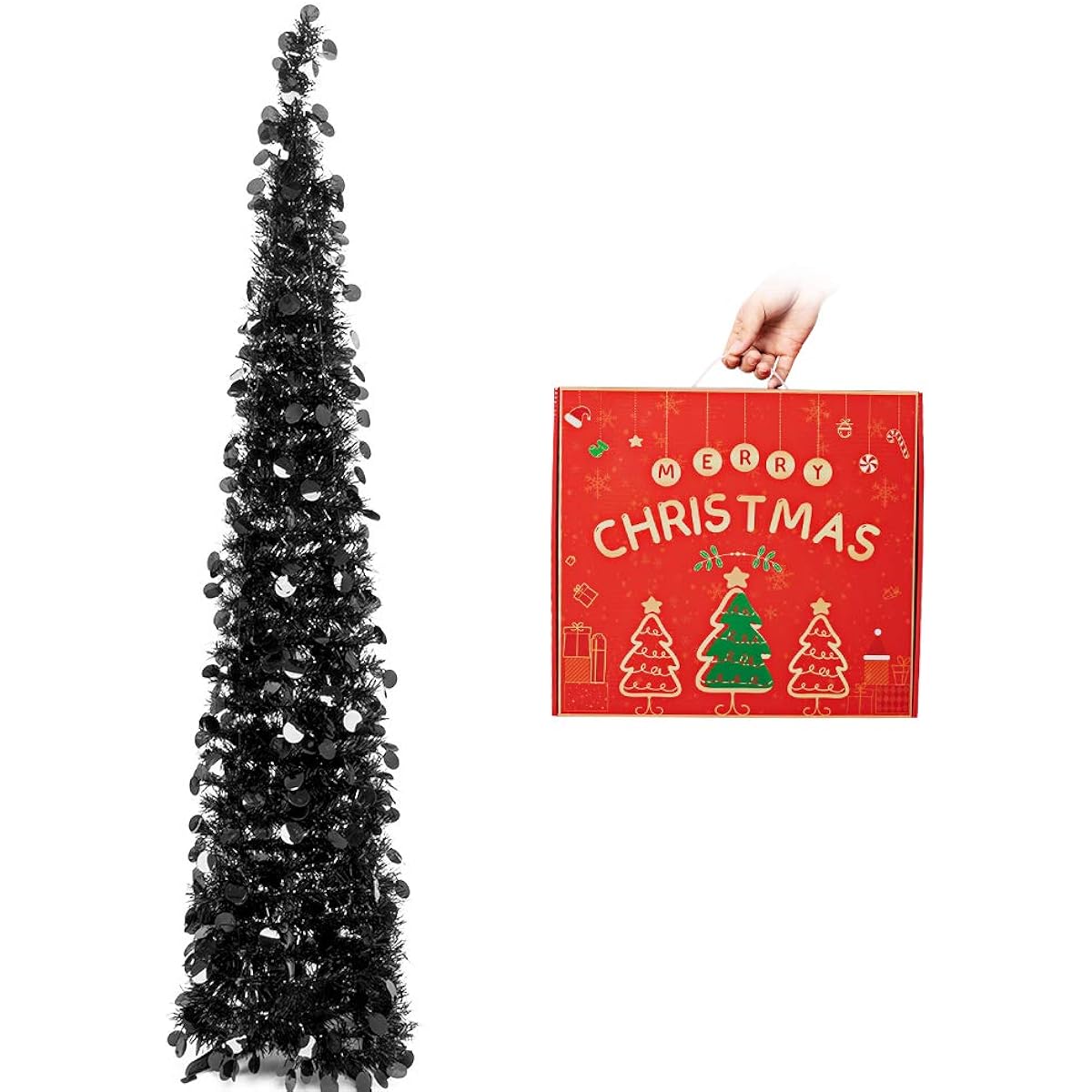 N&T NIETING 5ft Tinsel Christmas Tree Slim Foldable Pop Up Black Tinsel Tree for Halloween Decorations Party Supplies Holiday Christmas Decor Home Display Office Fireplace Indoor