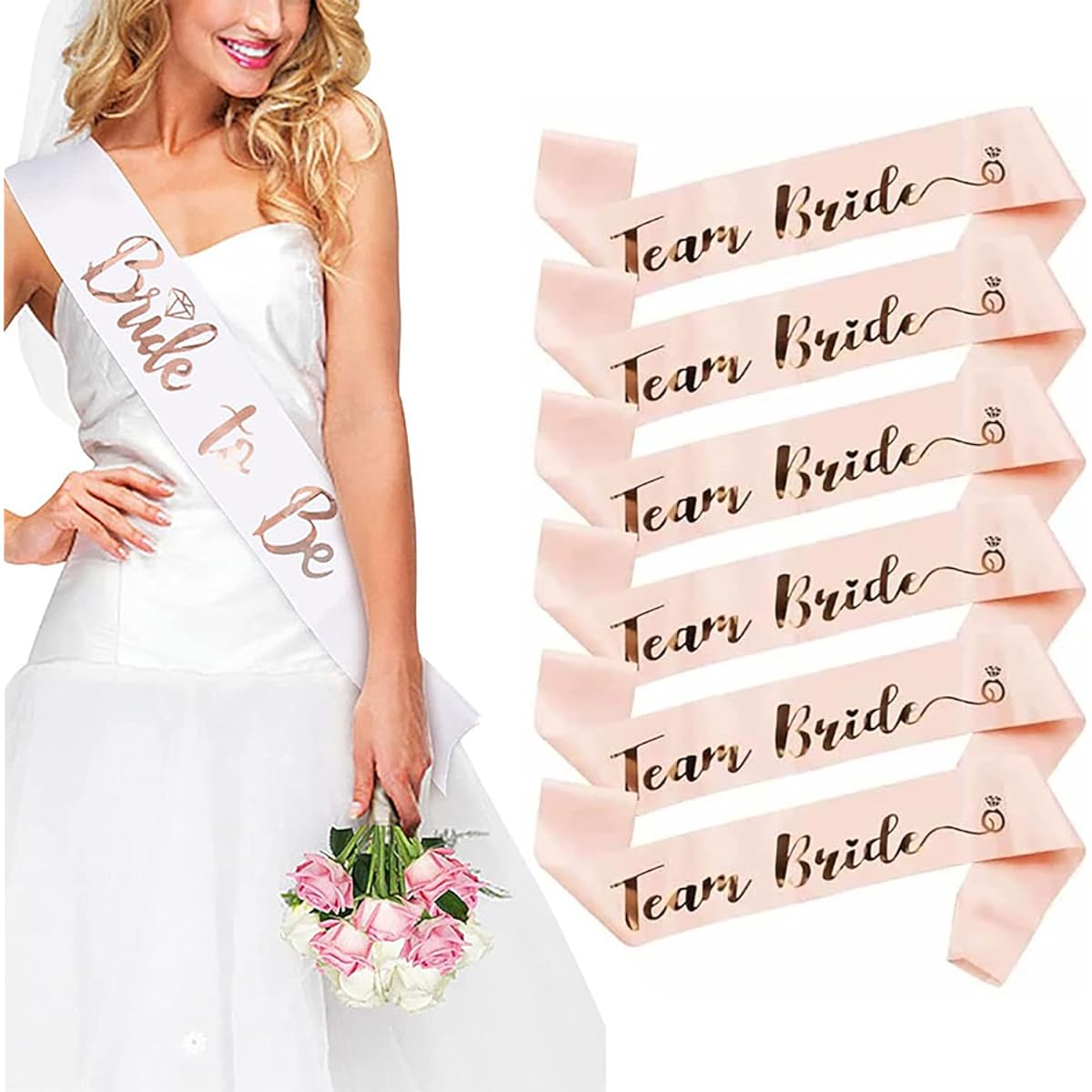 Team Bride Sashes 6 Team Bride Sashes + 1 Bride to Be Sash Bride Tribe Bridesmaids Sash Rose Gold Bridal Shower Decorations for Bachelorette Party