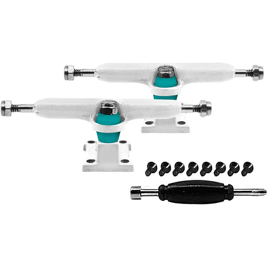 Teak Tuning Prodigy Fingerboard Trucks with Upgraded Locking Nuts, White Color - 32mm Width - Includes Teal Pro Duro 61A Bubble Bushings