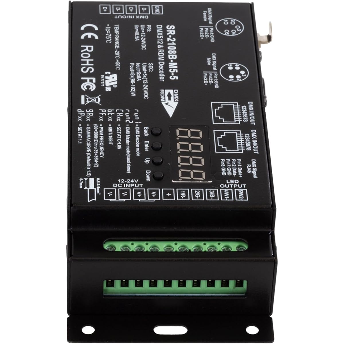 SIRS-E 5 Channel CV DMX RDM Digital PWM Decoder 8/16 Bit RGB & RGBW LED Lighting 12-24V DC UL Recognized Controller 5x8A Dimmer 5809 SR-2108B-M5-5