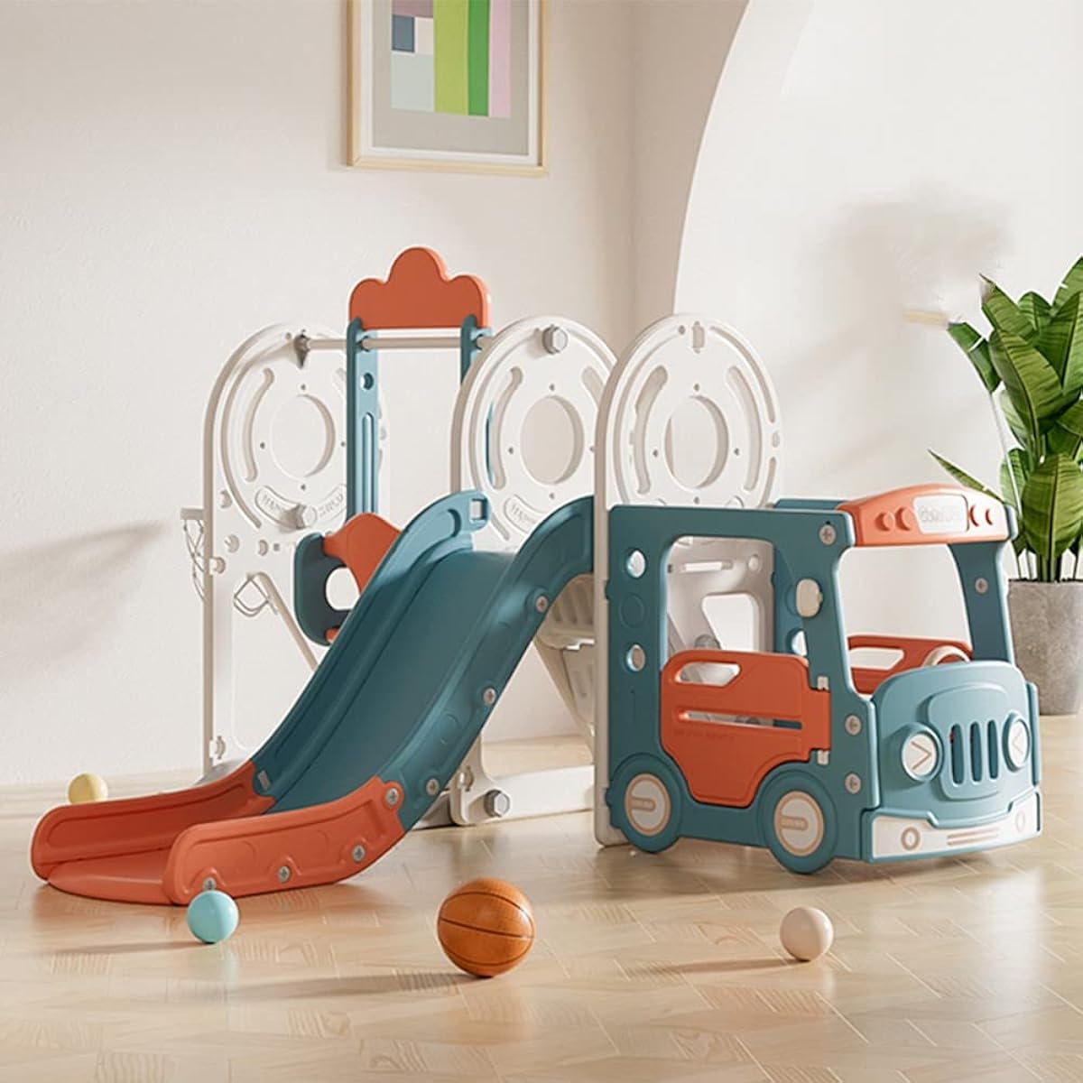 Bus slide, slide, swing, large playground equipment, slide, slider, indoor playground equipment, kids, kids park, children, basketball goal, children, birthday present, Christmas present (blue + red)