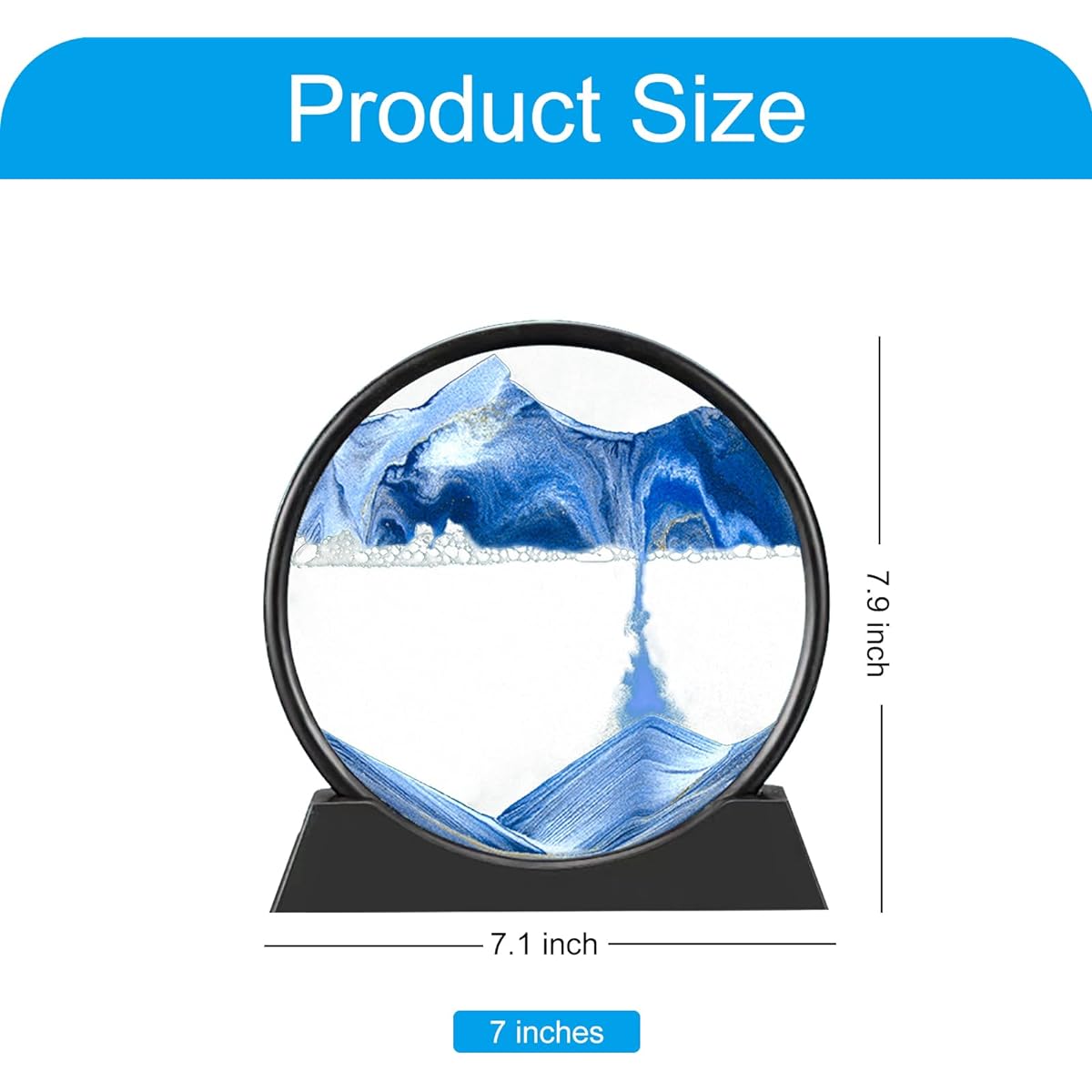 AREYCVK Sand Art Kit, Moving Sand Art, Liquid Movement, Round Glass Moving Sand Art Pictures for Relaxing Desktop Home Office (7 inch-Blue)