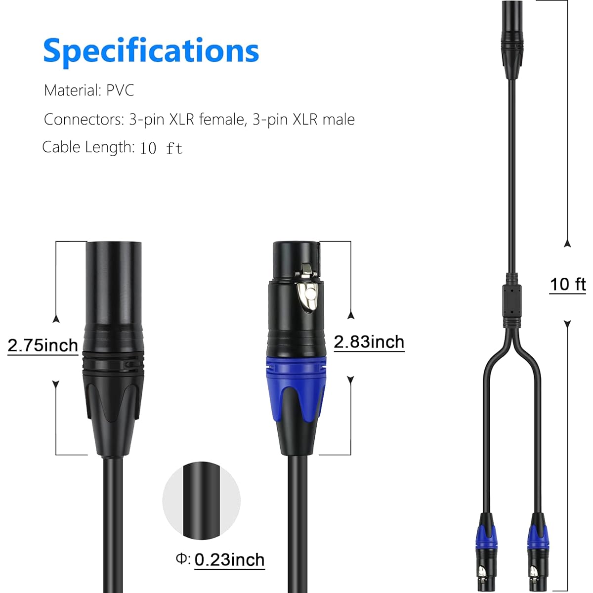 LanSenSu 1x XLR Y Splitter Mic 2x Male 10ft 3 Pin XLR Female to Dual XLR Male Y Splitter Balanced Mic Audio Cable for Stereo Mic to L&R Audio Tracks (1 Pack)