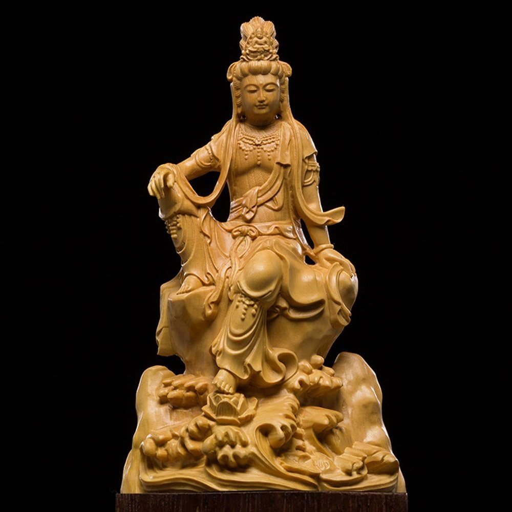 [Kano] Kannon Bodhisattva Seated Statue, High Quality Natural Boxwood Wood Carving, Wooden Buddha Statue, Buddhist Artwork, Yellow Yang, Tsuge, Kannon Statue Sculpture, Kanzeon Bodhisattva, Kannon Bodhisattva, Exclusive Presentation Box, Care Guide Inclu