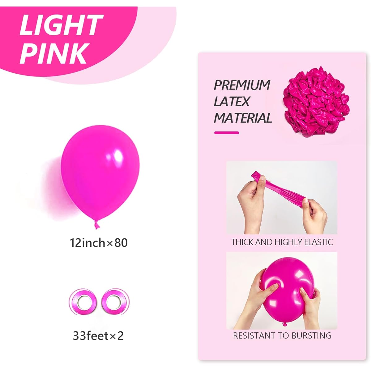 Hot Pink Balloons - 80pcs 12 inch Bright Pink Latex Balloons for Birthday Bridal Shower Wedding Bachelorette Party Decorations (with Hot Pink Ribbon)