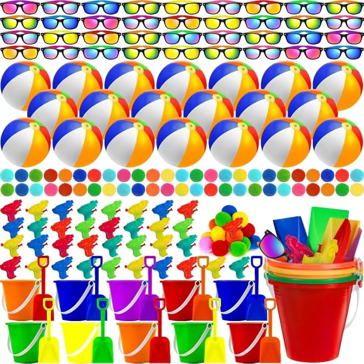120pcs Summer Beach Party Favors for Kids - 18 Inflatable Beach Balls, 36 Sand Buckets and Shovels Set, 24 Neon Sunglasses, 24 Water Guns, 18 Water Balls, Pool Party Gift Supplies