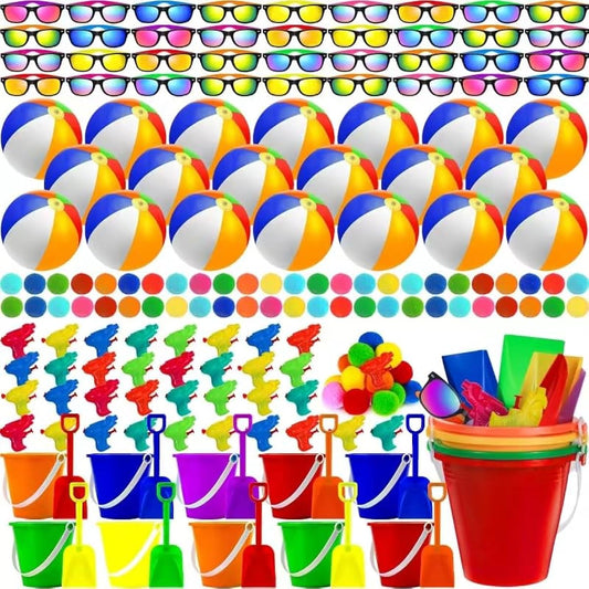 120pcs Summer Beach Party Favors for Kids - 18 Inflatable Beach Balls, 36 Sand Buckets and Shovels Set, 24 Neon Sunglasses, 24 Water Guns, 18 Water Balls, Pool Party Gift Supplies
