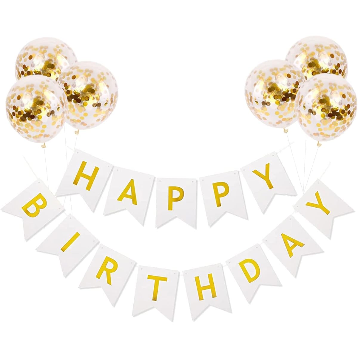 White Happy Birthday Banner White Happy Birthday Banner Banner Sign with 6 Gold Confetti Balloons Birthday Party Banner Supplies Decorations