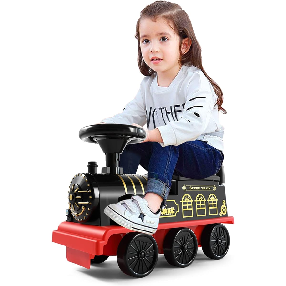 JOYLDIAS Ride On Train Trackless 6V Battery Powered Electric Ride On Toy Train for Kids with Lights, Corner Storage, Charger and Retractable Foot Pedals for Toddlers Under 39 Inches, Black