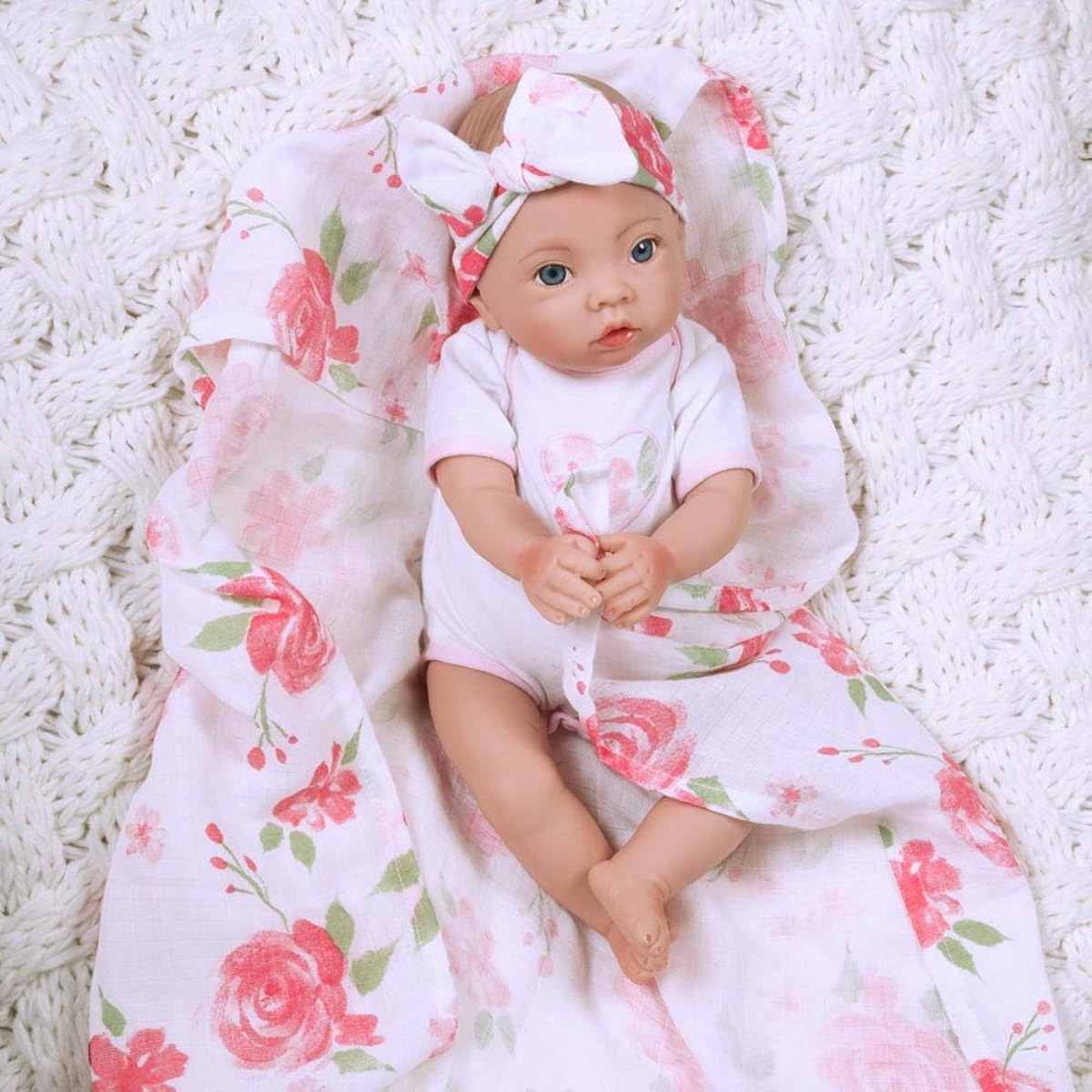 Paradise Gallery Newborn Doll 16" Reborn Primmy, Swaddlers: Rose Petals, 3+ Safety, 4 Piece Set