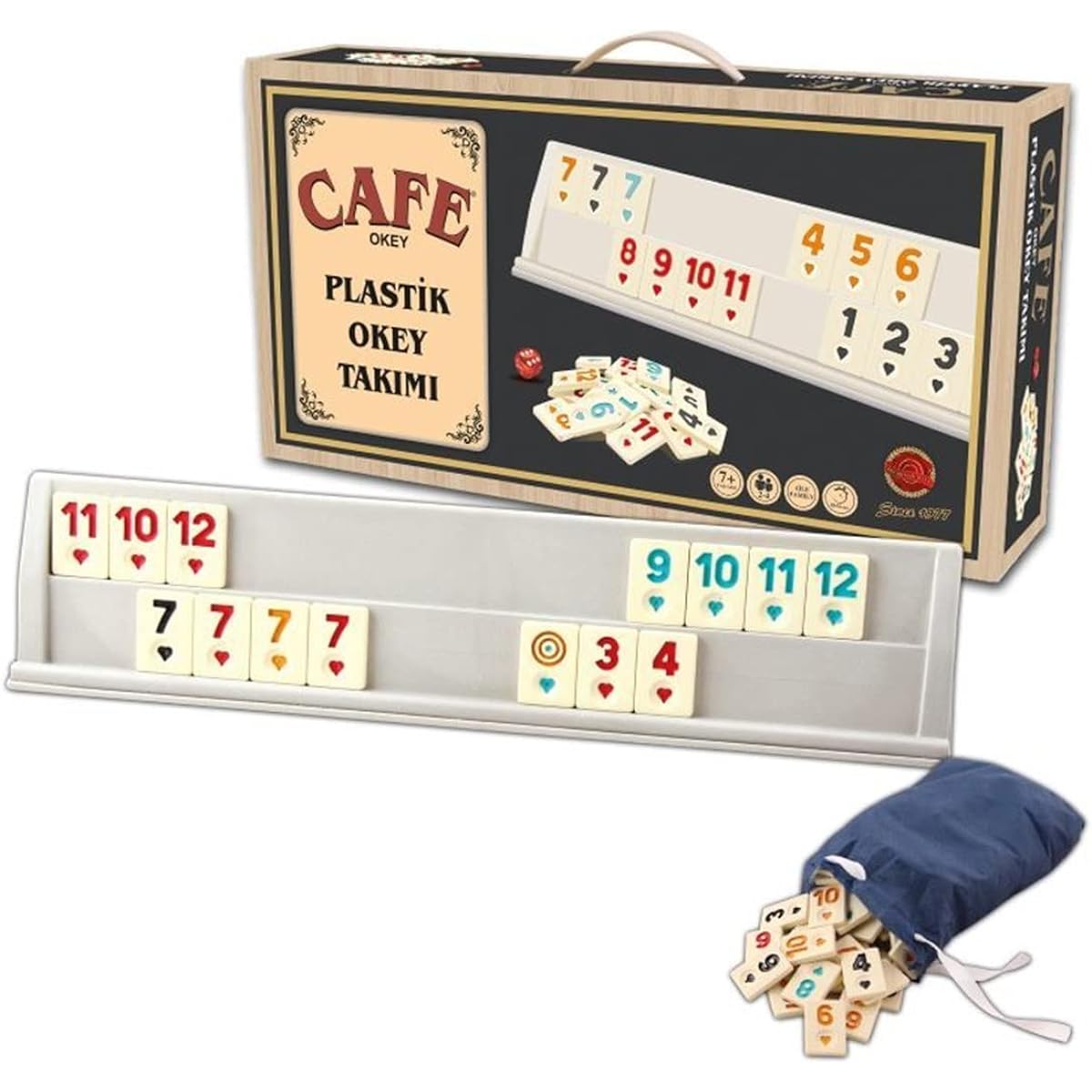 LaModaHome Star Plastic Cafe Style White Rummy/Okie/101 Game Set with Tile Sack and Dice for Adults, Great for Game Night/Team Games/Gatherings/Outdoor/Indoor