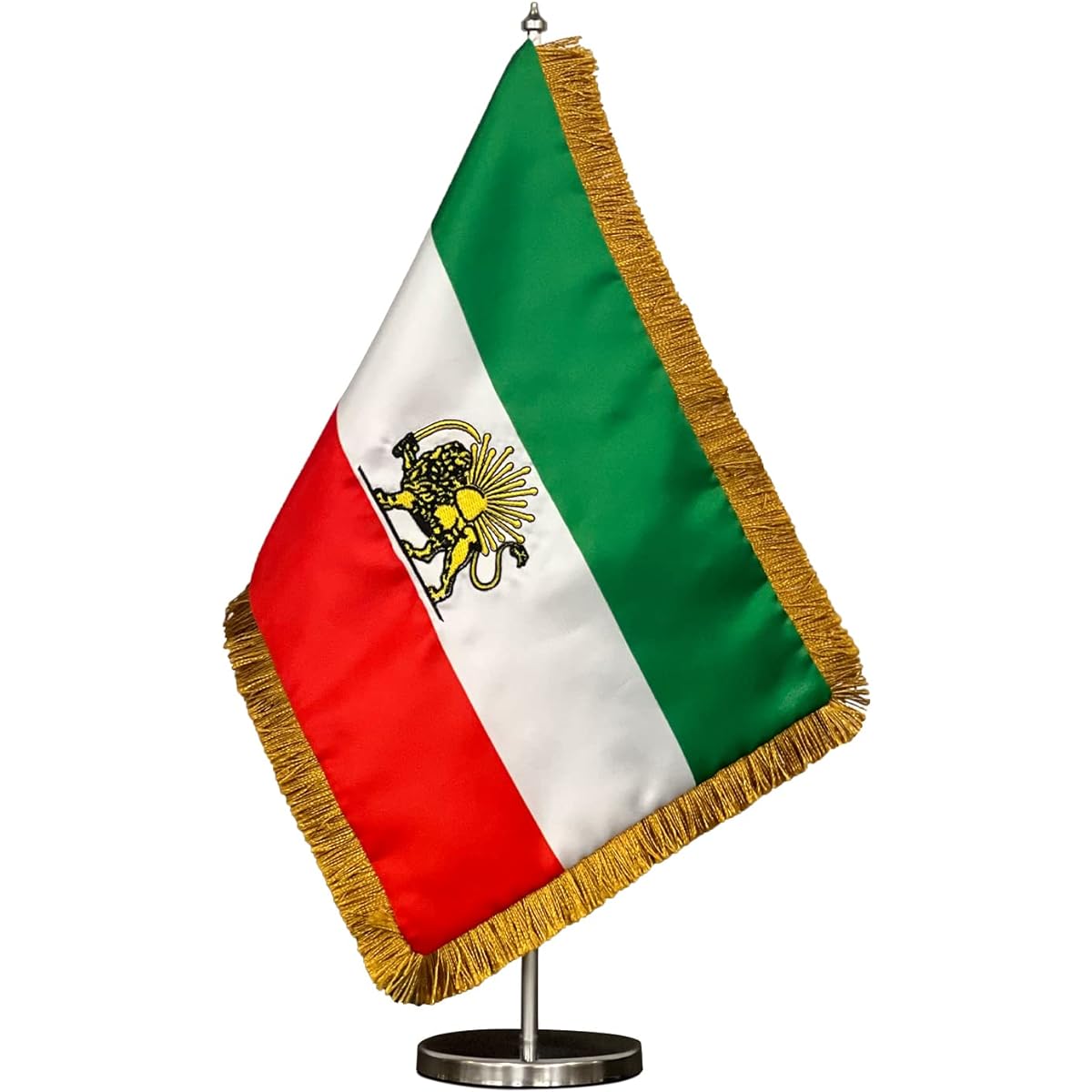 Old Iranian Table Flag - Original Iranian Desk Flag 20x30cm Persian Flag with Adjustable Stand from 24 to 42cm - Satin Double Sided Table Flag with Pole - Vibrant Colors