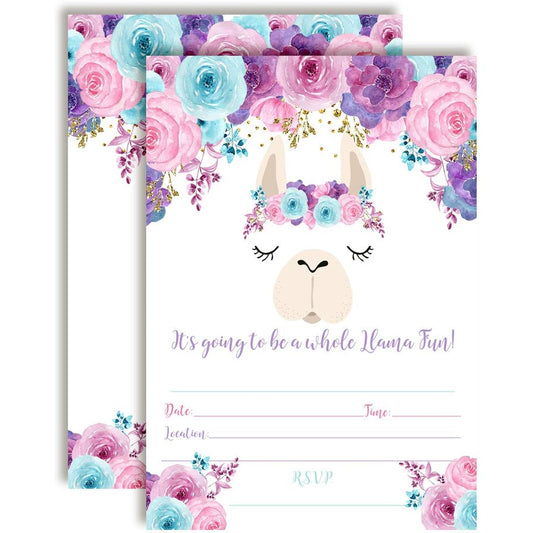 AmandaCreation Full Body Llama Fan Watercolor Floral Llama Face Birthday Party Invitations of 20 5"x7" Cards with 20 White Envelopes