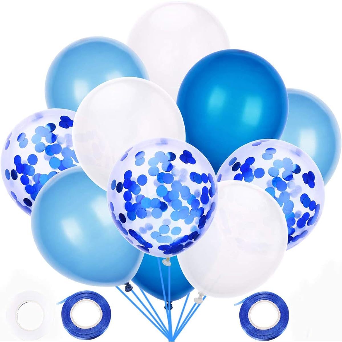 Latex Confetti Balloons White & Blue Latex Balloons 12 Inch Helium Balloons for Wedding/Birthday/Baby Shower/Party Decoration with 3 Rolls Ribbon 40 Pieces