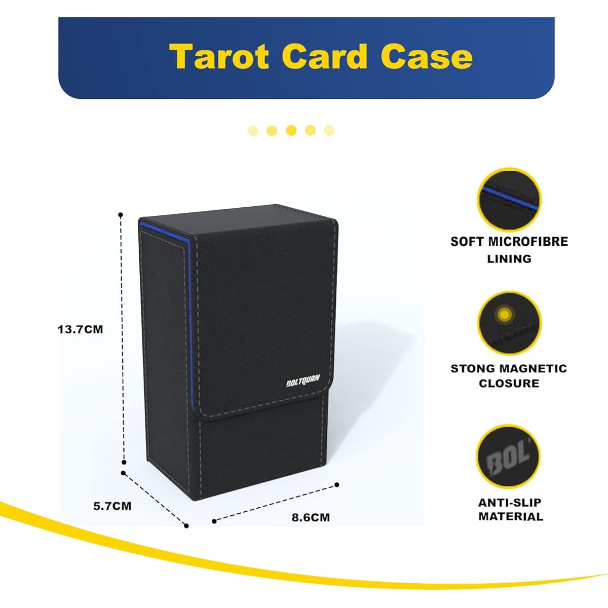 Black Tarot Card Holder with Blue Interior, Fold-Top Tarot Card Box Case, Magnetic Lid Closure, Fits Standard Tarot Card Decks, Holder Dimensions 5.39 x 3.38 x 2.24 Inches (137 x 86 x 57mm) (Blue)