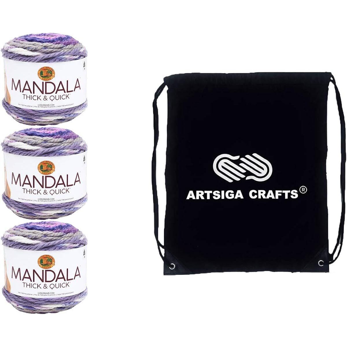 Lion Brand Knitting Yarn Mandala Thick and Quick Tentacles 3 Skeins Factory Pack (Same Dye Lot) 528-207 Artsiga Crafts Includes 1 Project Bag