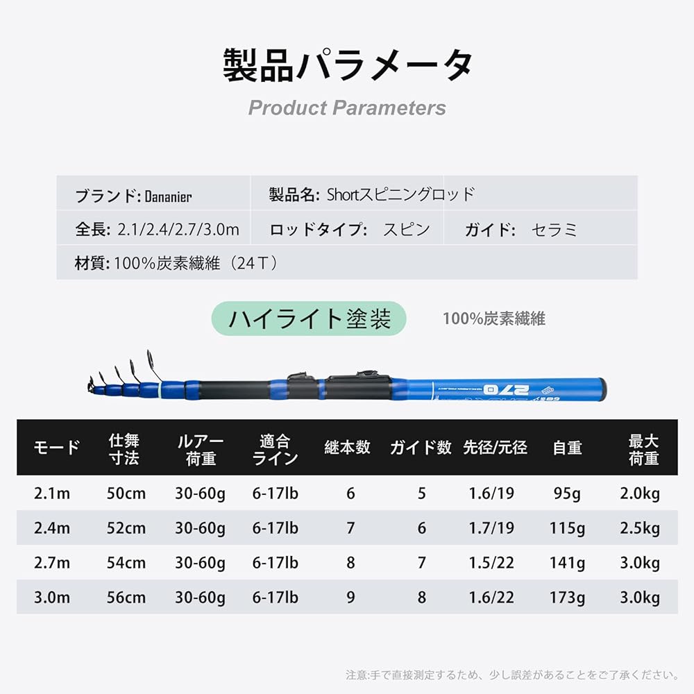 Danannier Sea Fishing Throwing Rod, Compact Rod, Ultra Light Portable, Telescopic, Swinging, Improved Quality, Carbon Lure Rod, Sea Embankment, For Beginners, Introduction to Fishing, 2.1m/2.4m/2.7m/3.0m