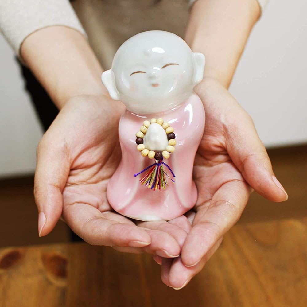 Mini Urn, Prayer Jizo, Watcher, Mino Ware, Ashes Case, Ashes Container, Peace of Mind Memorial Capsule Included, Urn (Pink)