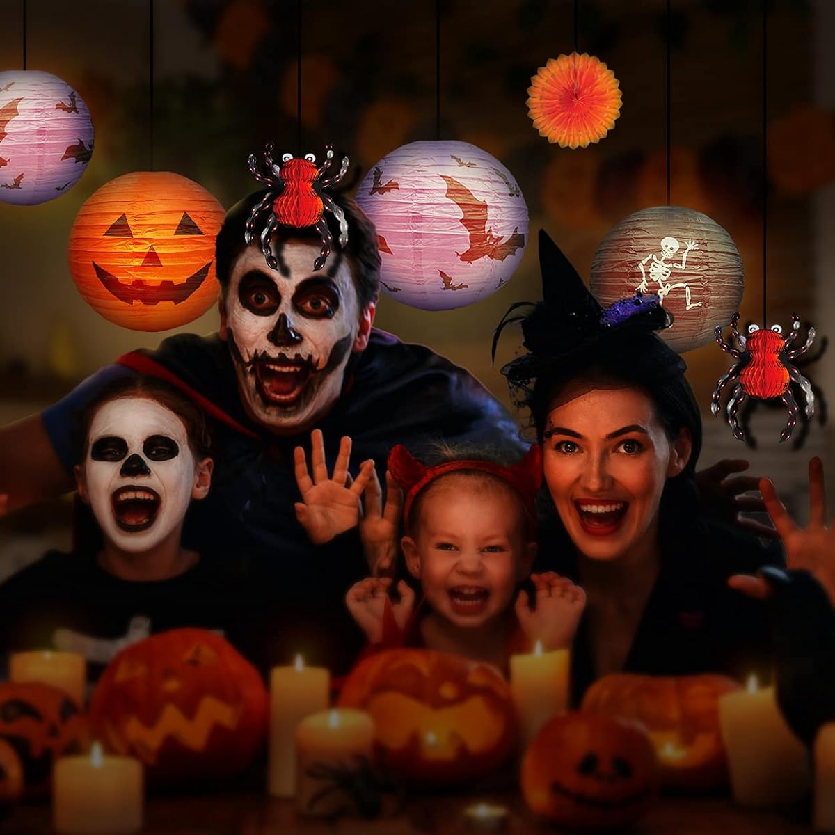 HOPEMATE 21pcs Halloween Decorations Paper Lanterns with LED Lights Party Supplies Set Skeleton Bats Hanging Spider Paper Fans Pumpkin Banner Spooky Indoor Outdoor Home Decorations(Orange, Black, Purple)