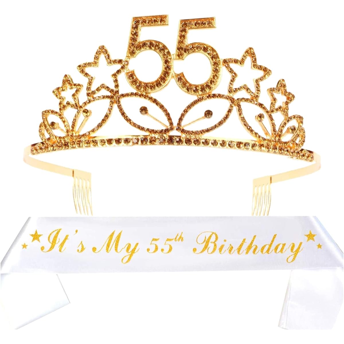 MEANT2TOBE 55th Birthday Sash and Tiara for Women - Fabulous Glitter Sash + Star Rhinestone Gold Premium Metal Tiara for Her 55th Birthday Gifts, 55th Party