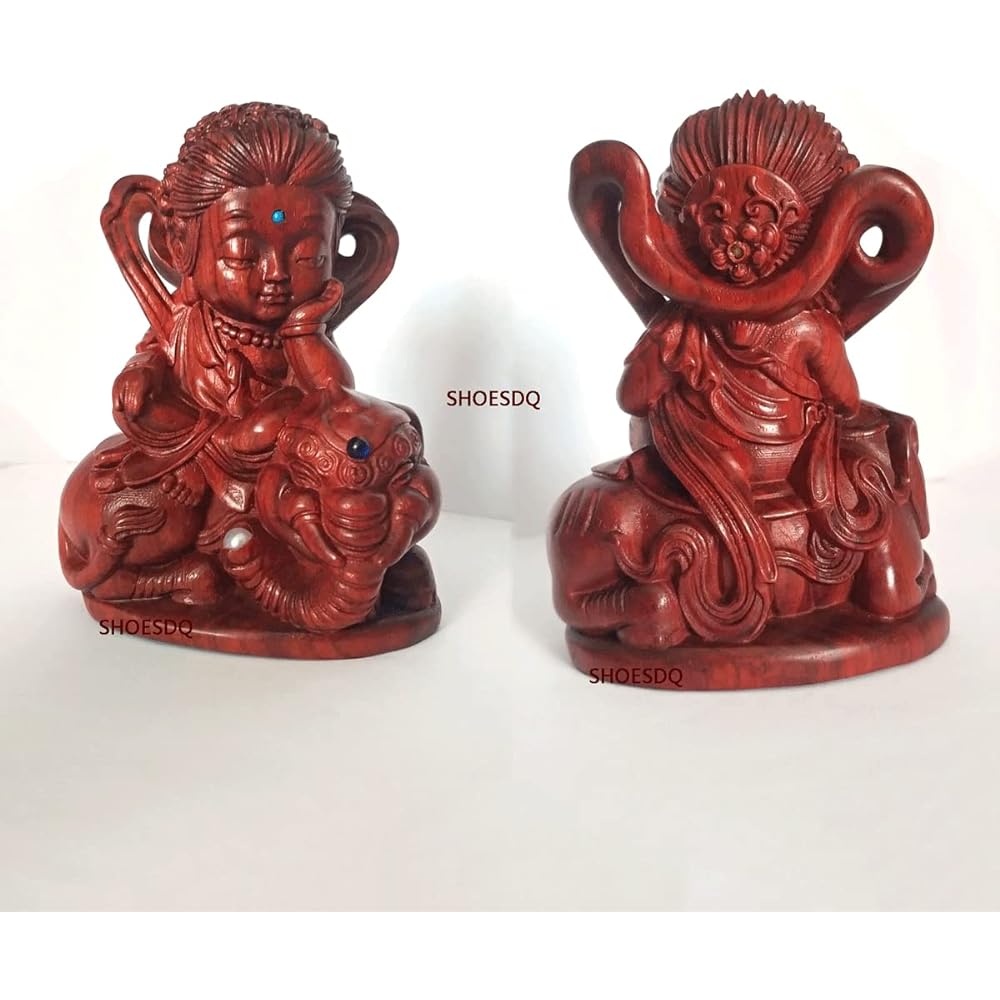 Buddha Statue Manjusri Bodhisattva Fugen Bosatsu Seated Statue (Wooden: Small Leaf Rosewood) Wood Carving Ornament Set of 2 Amulets Twelve Zodiac Guardian Buddha (Height 10cm x Width 7.5cm x Depth 5cm)