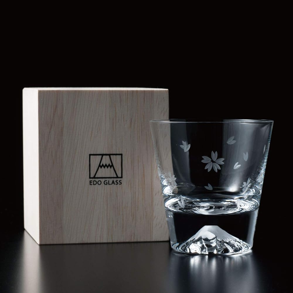 Tajima Glass Edo Glass Mt. Fuji rocks glass in wooden box