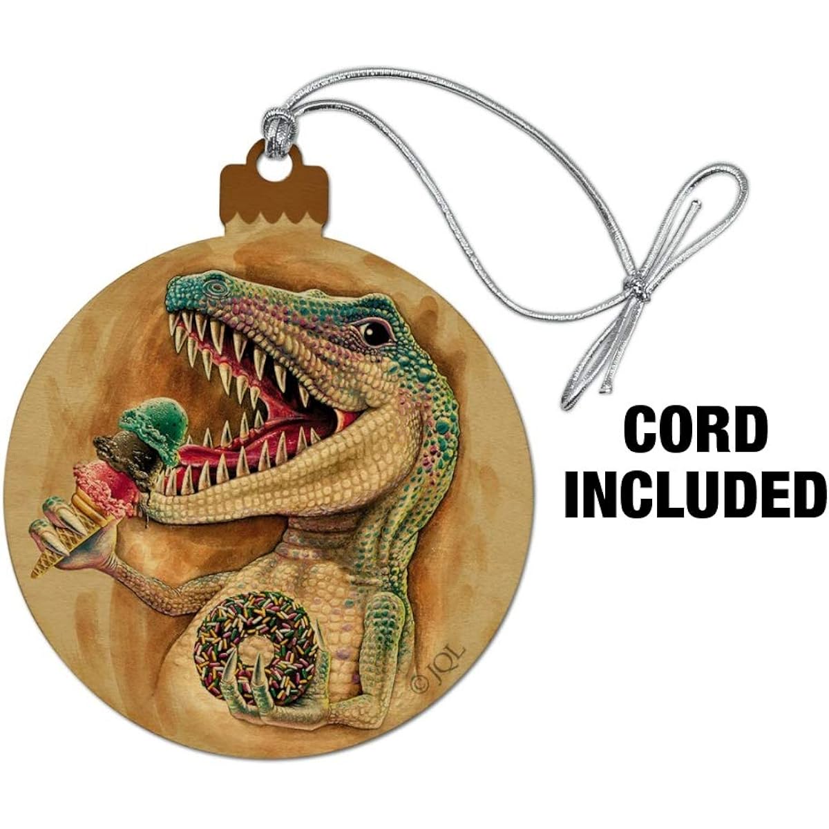 T-Rex Dinosaur Donut Ice Cream Funny Julia's Junkie Wood Christmas Tree Holiday Ornament